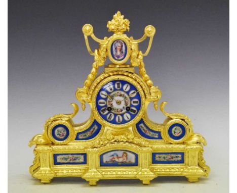 Late 19th Century French gilt metal and porcelain mantel clock, Japy &amp; Cie, 3.5-inch cellular Roman dial with floral wrea