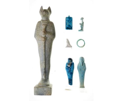 Group of Egyptian artefacts, comprising a turquoise-glazed faience shabti/ushabti, 8.5cm high (s/d); another, 9.5cm; a faienc