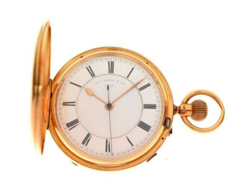 Thomas Russell &amp; Son, an 18ct gold full hunter chronograph pocket watch, Chester 1904, the signed white enamel dial with 