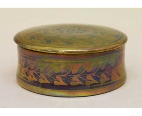 Pilkington's Royal Lancastrian covered box, of shallow cylindrical form with banded foliate decoration in pale green lustre g