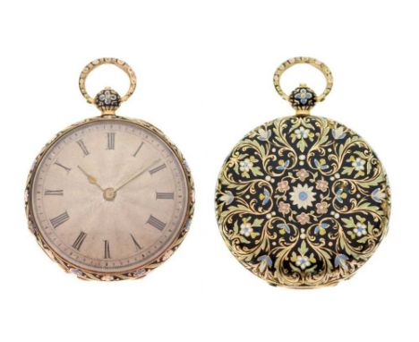 Swiss yellow metal and enamel open-face fob watch, control mark to the cuvette, signed 'Dabert a Paris No. 2493 Cylindre 4 Tr