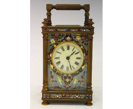 Late 19th Century French brass and champleve carriage timepiece, 1.75-inch cream Roman dial within champleve enamel rectangul
