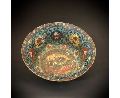 Antique Chinese cloisonne enamel bowl, of flared circular form decorated in Ming style with lotus blossoms and scrollwork, th