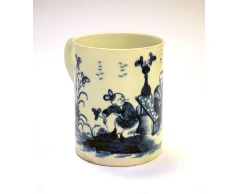 Worcester blue and white porcelain mug painted with the 'Gardener' pattern, c.1765-1770, crescent mark, 8.5cm highThere is an