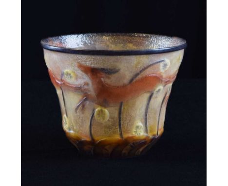 Gabriel Argy-Rousseau, (1885-1953) - Gazelles et (des) Fleurs, a French art glass pate de verre coupe vase, circa 1928, Bloch