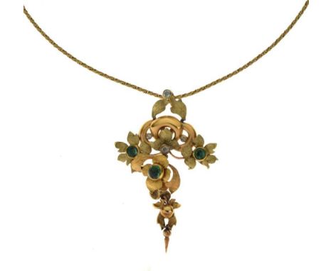 Victorian emerald and diamond set pendant of foliate design, 6cm long, on a later 9ct gold chain, approximately 49.5cm long, 