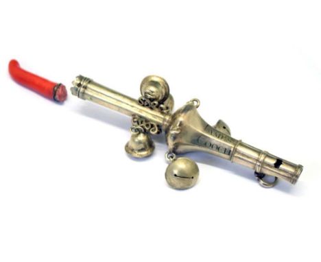 18th Century silver child's rattle and whistle with coral branch teether, engraved to the sides with the name James Cooch and