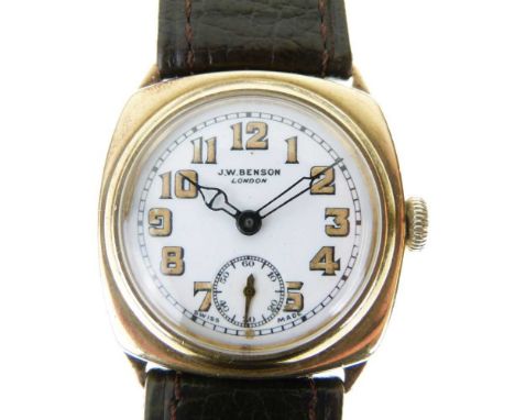 J.W. Benson - Gentleman's 9ct gold cased wristwatch, the white enamel dial having Arabic hour markers and seconds subsidiary 