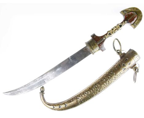 Moroccan dagger 'Jambiya', curved blade 24cm, double-edged toward the point, characteristic wooden hilt with brass decoration