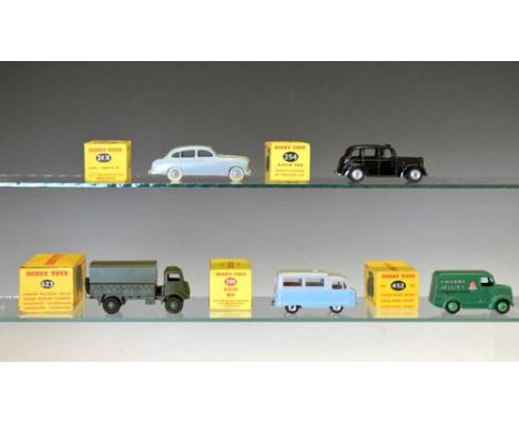 Dinky Toys - Five boxed diecast model vehicles comprising; 452 Trojan 12 CWT Can 'Chivers', 254 Taxi Austin, 24 X Ford 'Vedet