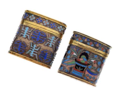 Two Chinese cloisonné enamel miniature boxes and covers, one decorated with two shou motifs, the other with Buddhistic precio