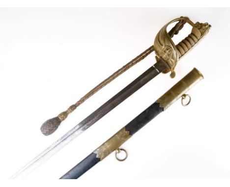 Royal Navy officers sword, the hilt with brass solid basket hilt with fouled crowned anchor, lion's head pommel and wire boun