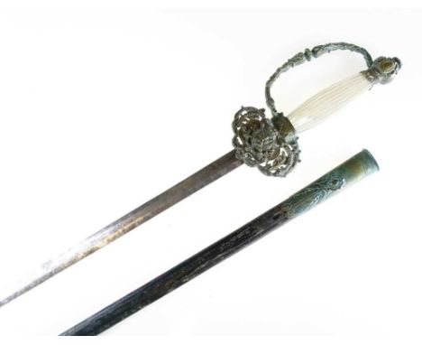 19th Century court or diplomatic sword, 76cm long slim double-edged blade engraved with swirls and arms, brass hilt with shel