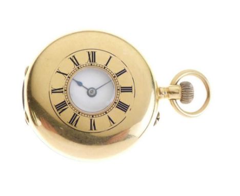 Half hunter fob watch, with Swiss control marks and stamped 'C18' and '0.755', curvette similarly marked, housing a keyless w