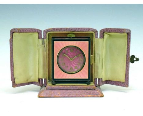 Le Phare - Swiss Art Deco sterling silver and pink enamel minute-repeating boudoir or alarm clock, circa 1930, the signed dee