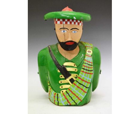 Carved wood ship's figurehead, probably late 19th century and later polychrome painted and gilded, carved as a bearded Scotsm