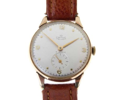 Smiths - Gentleman's 9ct gold mechanical wristwatch on a strap, white dial with subsidiary seconds dial, gilt Arabic quarter 