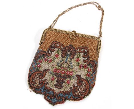 Ladies gilt metal framed vintage evening bag, the multi coloured beadwork bag depicting a urn with flowers to the centre, wid