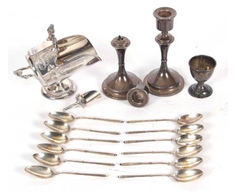 Mixed Lot: Pair of silver candlesticks, loaded (a/f), hallmarked London 1916,  a hallmarked silver egg cup, Birmingham 1923, 