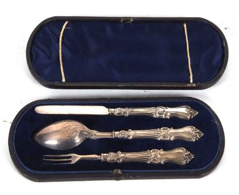 Cased Victorian Christening set comprising knife, spoon and fork, Sheffied 1863, makers mark Martin, Hall &amp; Co