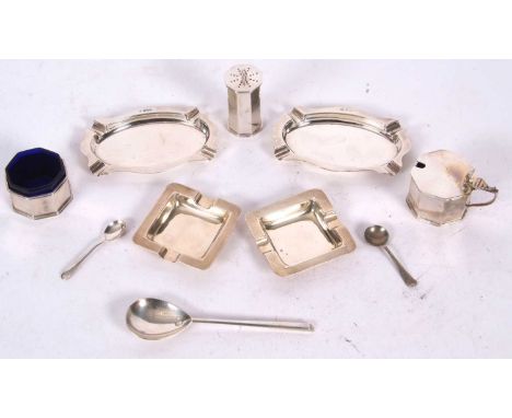 Mixed Lot: Pair of George VI silver square shaped ashtrays with engine turned design, hallmarked Birmingham 1947, two oval sh