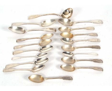Mixed Lot:  Three George IV fiddle pattern dessert  spoons, London 1824, makers mark for Richard Poulden, a Georgian fiddle p