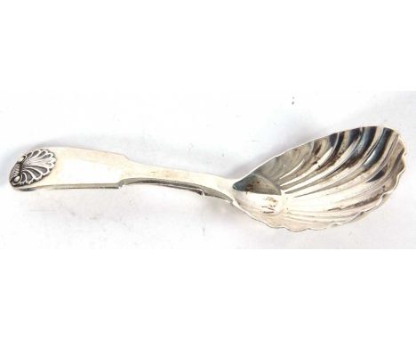 George III silver fiddle pattern caddy spoon with large oval shell bowl, hallmarked London 1782, makers mark for William Eley