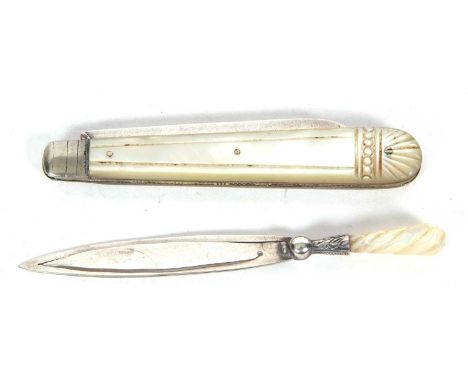 Mixed Lot: Late Victorian trowel page marker with a carved mother of pearl handle, hallmarked Birmingham 1898, makers mark is