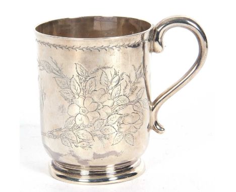 Victorian half pint tankard of slightly tapering cylindrical form with circular foot (dented), hollow looped handle, the body