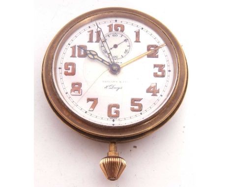 Eterna &amp; Tiffany &amp; Co 8-day alarm car clock, the timepiece has a brass case and features a white enamel dial with Ara