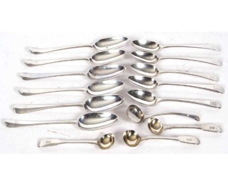 Mixed Lot: Five Georgian Old English pattern teaspoons, six Georgian Hanoverian dessert spoons, base marked and the handles e
