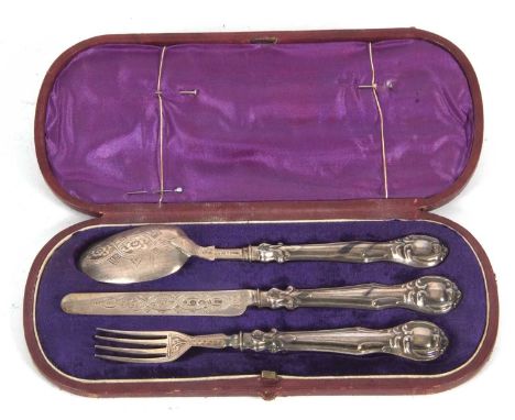 Victorian silver cased Christening set comprising knife, spoon and fork, hallmarked Birmingham 1870, makers mark for Hilliard