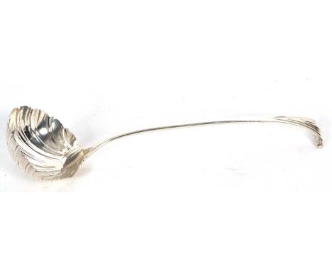 Early George III soup ladle in Onslow pattern with shell bowl (repaired), 36cm long, well marked for London 1763 by William W