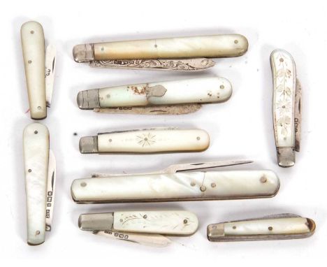 Seven various silver bladed mother of pearl handle fruit knives, a steel bladed example together with one silver folding form