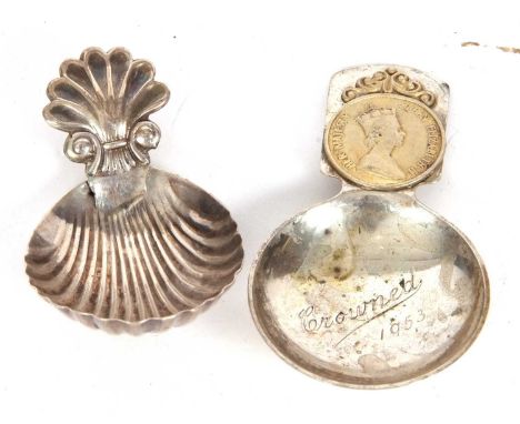 George IV caddy spoon with shell bowl and wheatsheaf handle (repaired), Birmingham 1820 by Lea &amp; Co, 6cm and a Elizabeth 