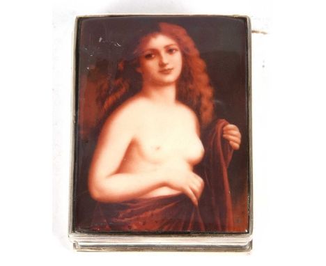 Continental modern white metal box of rectangular form, the hinged lid inset with a enamel sepia printed plaque, three quarte