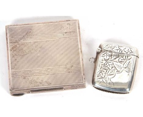 Mixed Lot: A ladies square shaped compact, engine turn decorated, hinged opening to a mirror and powder bowl reservoir, stamp