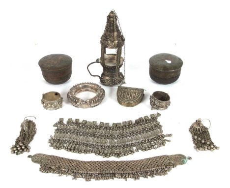 Mixed lot to include an Indian white metal bracelet, circa 1900, hinged bracelet, a pair of lantern style tassel earrings, tw