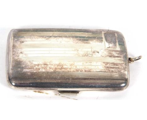 George V ladies cigarette case of curved rectangular form with banded engine turned decoration to back and front, gilt interi