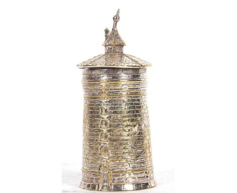 Unusual 19th Century silver plated desk table lighter in the form of a brick built tower with hinged lid, 9cm tall