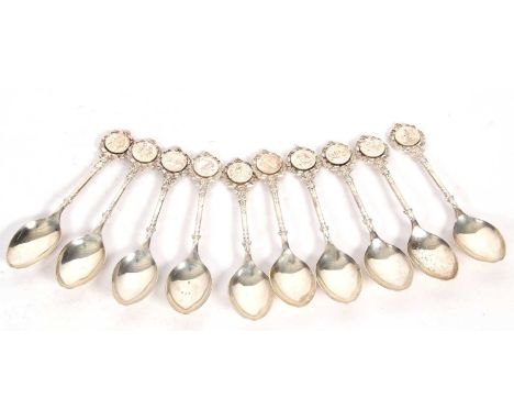 Ten hallmarked silver Zodiac Sign finial teaspoons, hallmarked for London 1971, makers mark for John Pinchers (ten of twelve)