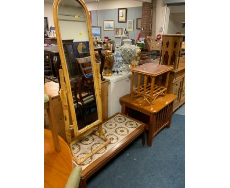 A vintage tile top coffee table, a wicker cheval mirror and two tables. (4)