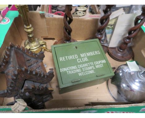 A tray of collectables to include a gilt ornate three branch candelabra 