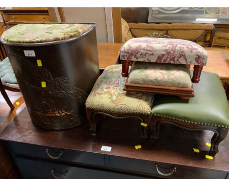 A vintage oak laundry bin together with four small assorted stools 
