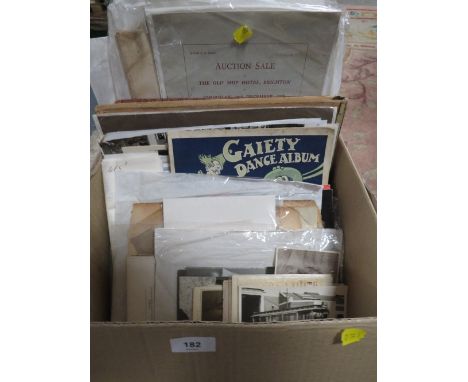 A box of miscellaneous ephemera to include vintage photographs, postcards, engravings, theatre programmes etc