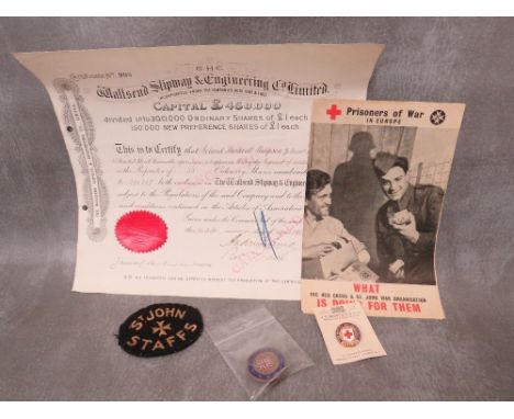 A WWI WALSALL SLIPWAY AND ENGINEERING Co. ENAMEL WAR SERVICE BADGE AND SHARE CERTIFICATE, along with a WW2 St. John P.O.W. ba
