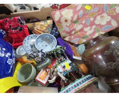 A box of oriental items to include bronze vase, cloisonne etc