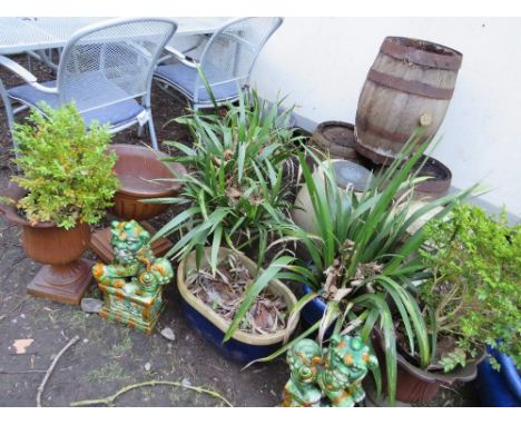 A large selection of ceramic garden planters, wooden barrels, ornaments, to include a marble pedestal (15 )
