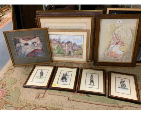 A collection of assorted pictures and prints to include four golfing prints, a Mrs. Rabbit sketch modern oil on canvas etc