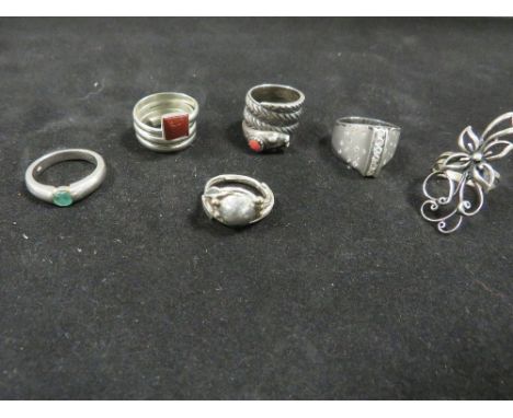 Six vintage sliver and white metal dress rings